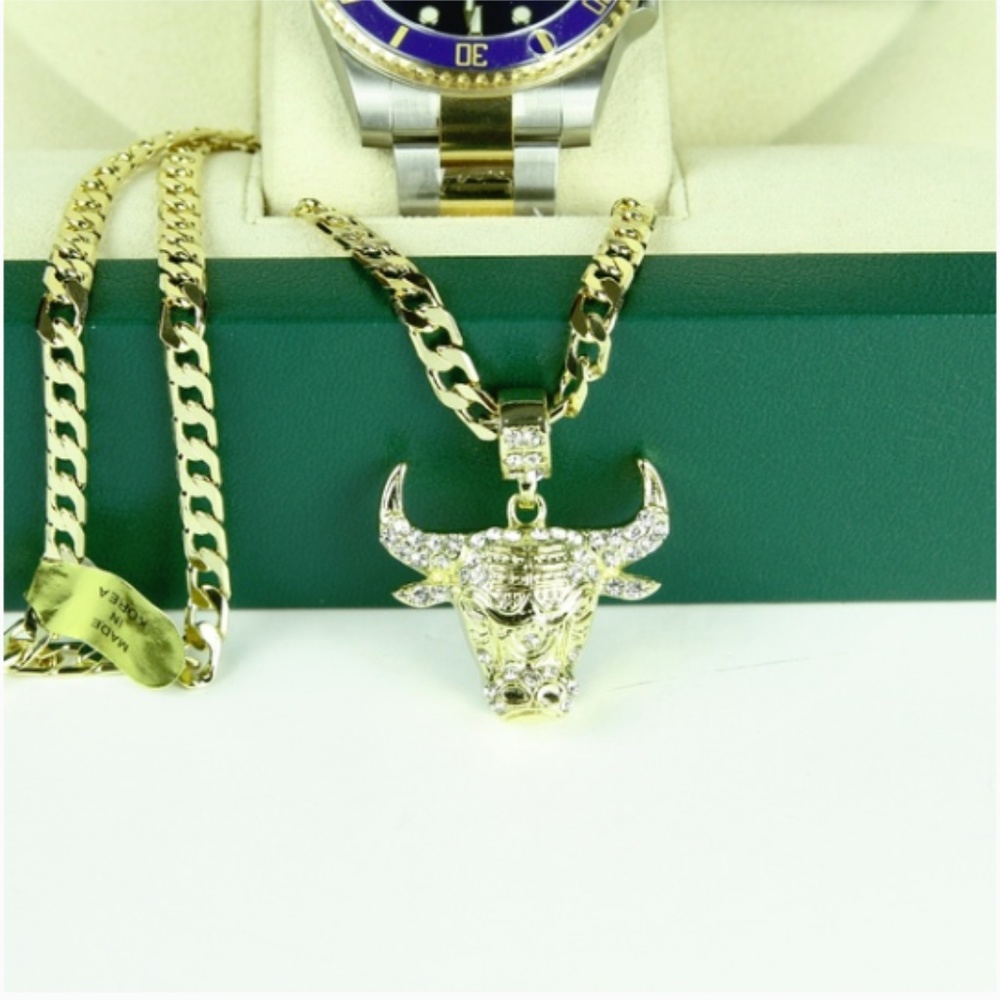 Mens "Alex" 14k Gold Plated Iced Out Bull Necklace